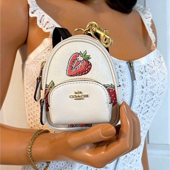 Coach Strawberry Print Mini Backpack Bag Keychain Coin Purse Charm NWT - Picture 10 of 10